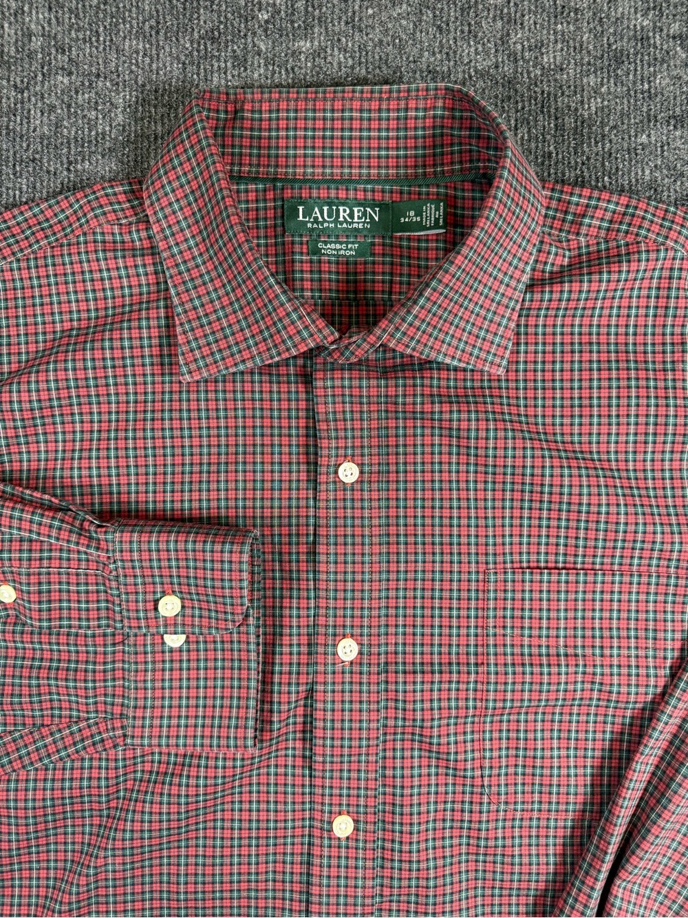 Lauren Ralph Men's Red Green Plaid No Iron-Dress Shirt - Size 18 34/35
